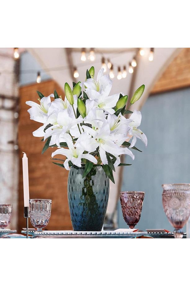 3lü Set Yapay Çiçek Beyaz Lilyum 3 Kafalı Uzun Dal Çiçek Zambak Lily Flowers 80cm - 7
