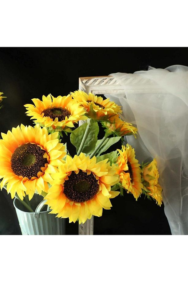 Yapay Çiçek Ayçiçeği Sarı Sunflower Dekoratif Çiçek 90cm Dev Ay Çiçeği 3 Kafalı - 4