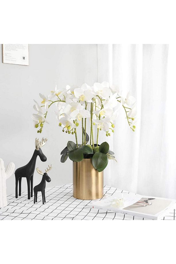 3lü Set Yapay Çiçek Islak Orkide Ve 2 Adet Orkide Yaprağı Gerçeksi Doku Uzun Dal 90cm - 3
