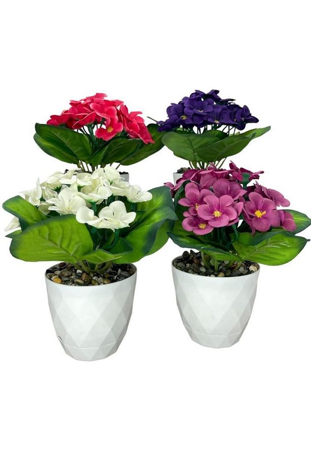 4lü Set Yapay Çiçek Kadife Menekşe Beyaz Saksıda Gerçekçi Doku Karışık Renkli - 2