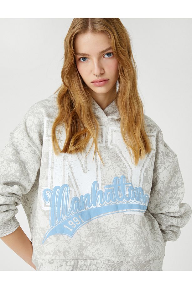 Şardonlu Kapüşonlu Sweatshirt Kolej Baskılı Uzun Kollu - 1
