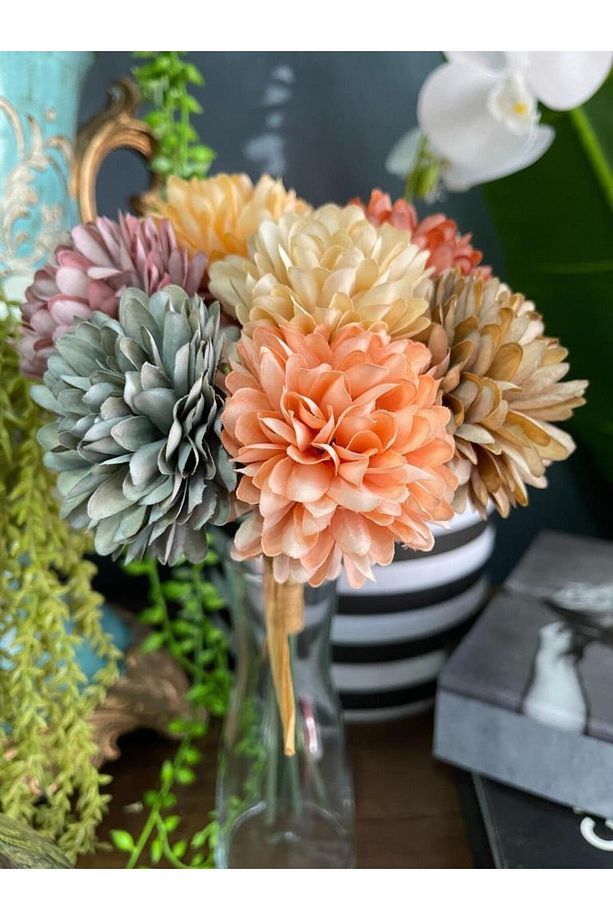 Yapay Çiçek Krizantem Kartopu Karışık Pastel Renkler 7 Ayrı Tek Dal Demet - 8