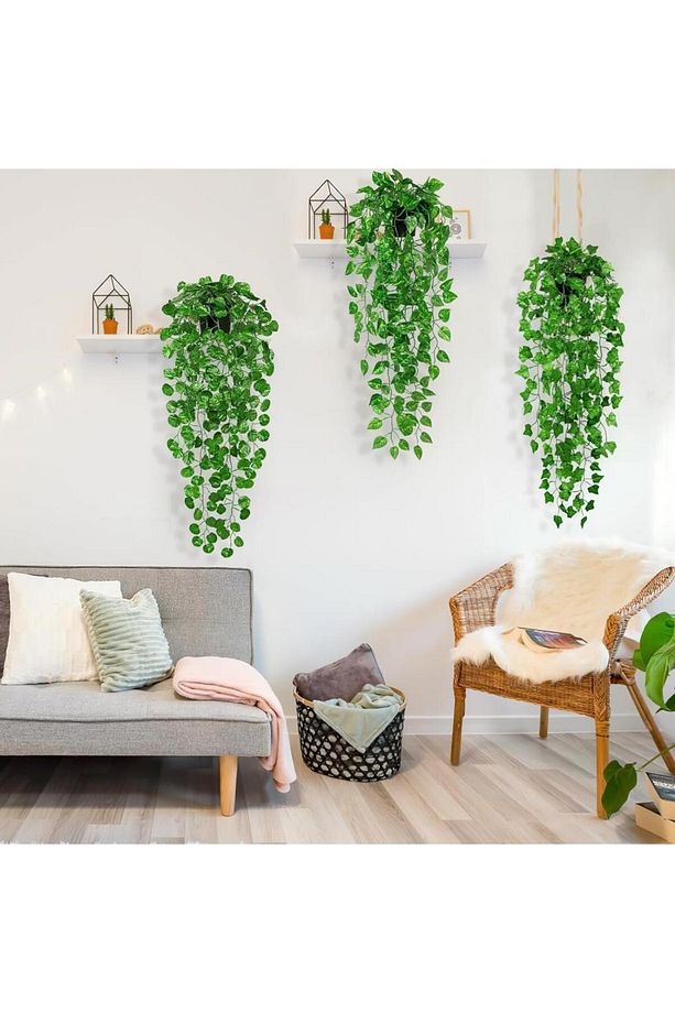 Yapay Çiçek 3 lü Set Saksıda Sarkan Sarmaşık Hedera Oval ve Yuvarlak Yapraklı Modeller - 5