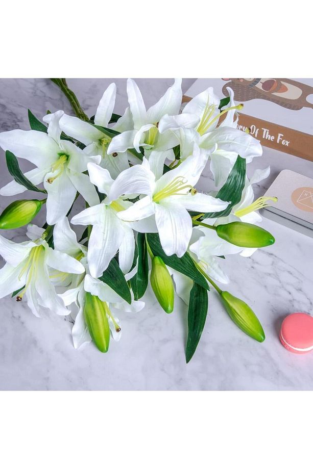 3lü Set Yapay Çiçek Beyaz Lilyum 3 Kafalı Uzun Dal Çiçek Zambak Lily Flowers 80cm - 6