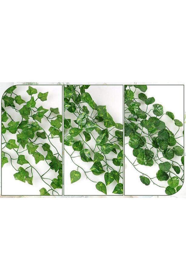 Yapay Çiçek 3 lü Set Saksıda Sarkan Sarmaşık Hedera Oval ve Yuvarlak Yapraklı Modeller - 8