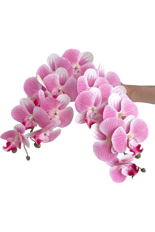 4lü Set Yapay Çiçek Pembe Açık Islak Orkide ve 2 Adet Orkide Yaprağı Gerçeksi Doku Uzun Dal 90cm - 6