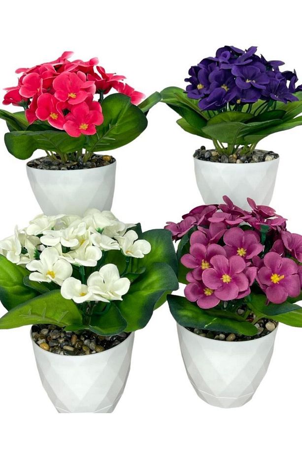 4lü Set Yapay Çiçek Kadife Menekşe Beyaz Saksıda Gerçekçi Doku Karışık Renkli - 4