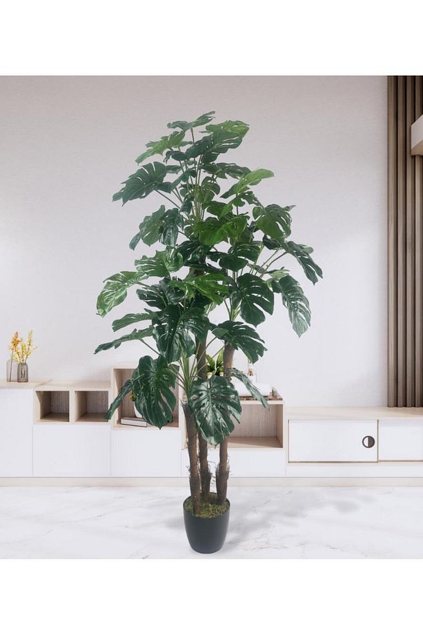 Yapay Çiçek Monstera Yeşil Deve Tabanı 3Katlı 135cm 54Yaprak Siyah Plastik Saksıda Yapay Bitki - 1