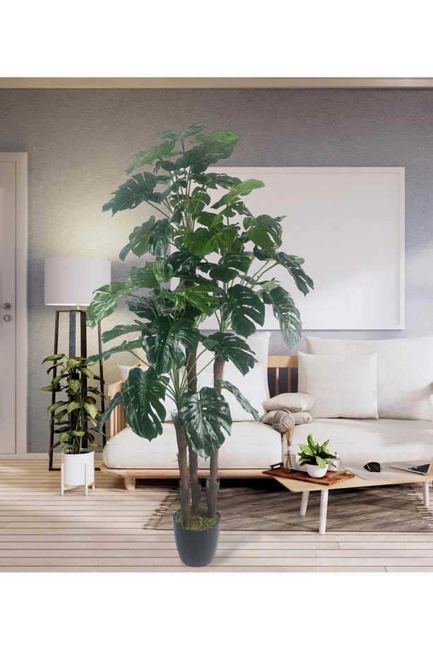 Yapay Çiçek Monstera Yeşil Deve Tabanı 3Katlı 135cm 54Yaprak Siyah Plastik Saksıda Yapay Bitki - 5