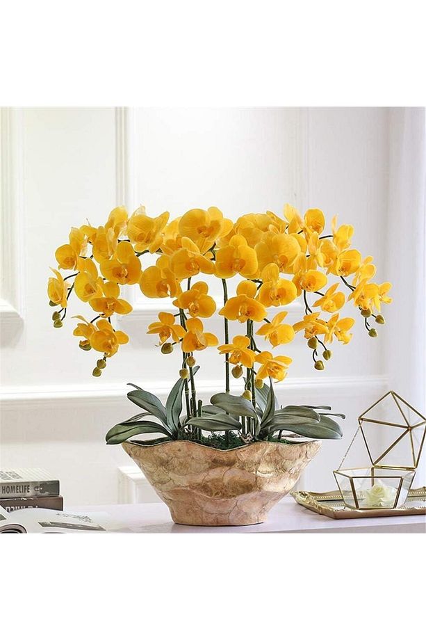 4lü Set Yapay Çiçek Sarı Islak Orkide ve 2 Adet Orkide Yaprağı Gerçeksi Doku Uzun Dal 90cm - 3