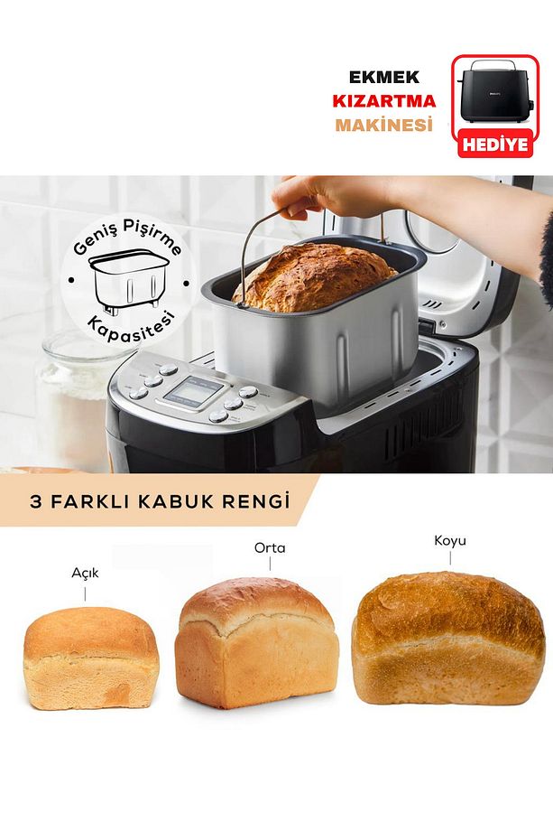 15 Programlı Hamur Yoğurma ve Ekmek Yapma Makinesi Inox, 1500 g - 1
