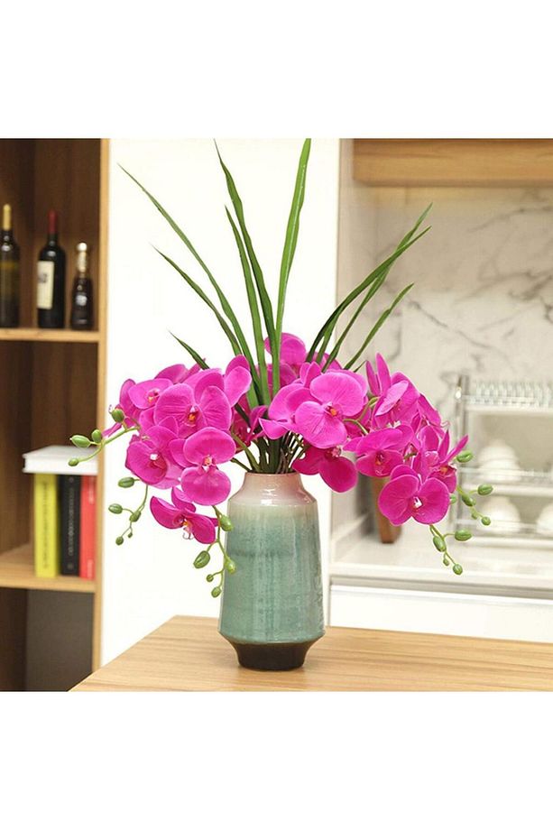 4lü Set Yapay Çiçek Fuşya Islak Orkide ve 2 Adet Orkide Yaprağı Gerçeksi Doku Uzun Dal 90cm - 4