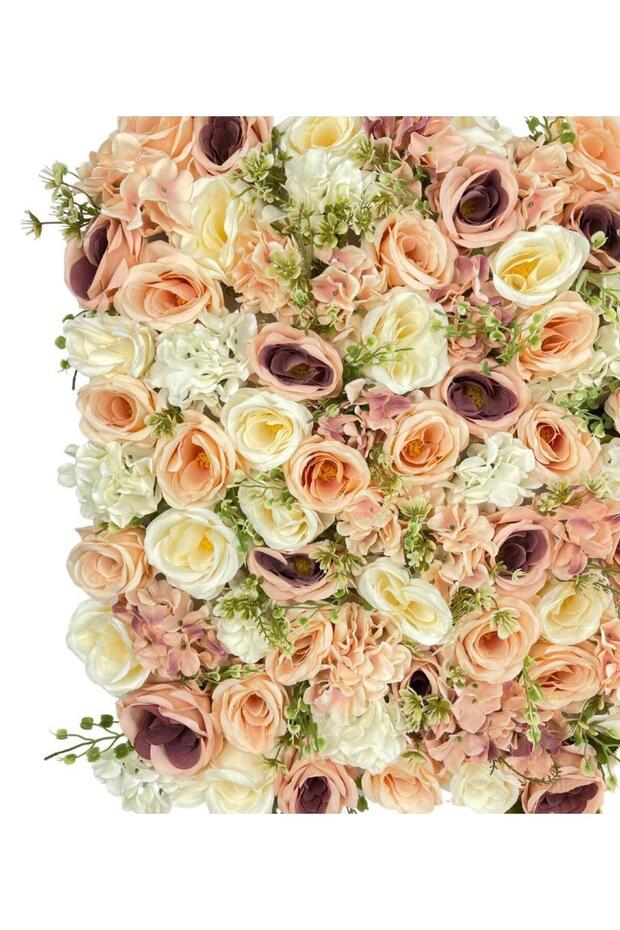 Yapay Çiçek Dekoratif Gül Paneli Şampanya Krem Renkleri Dik Duvar Kaplama Gül Duvarı 55x55 - 5