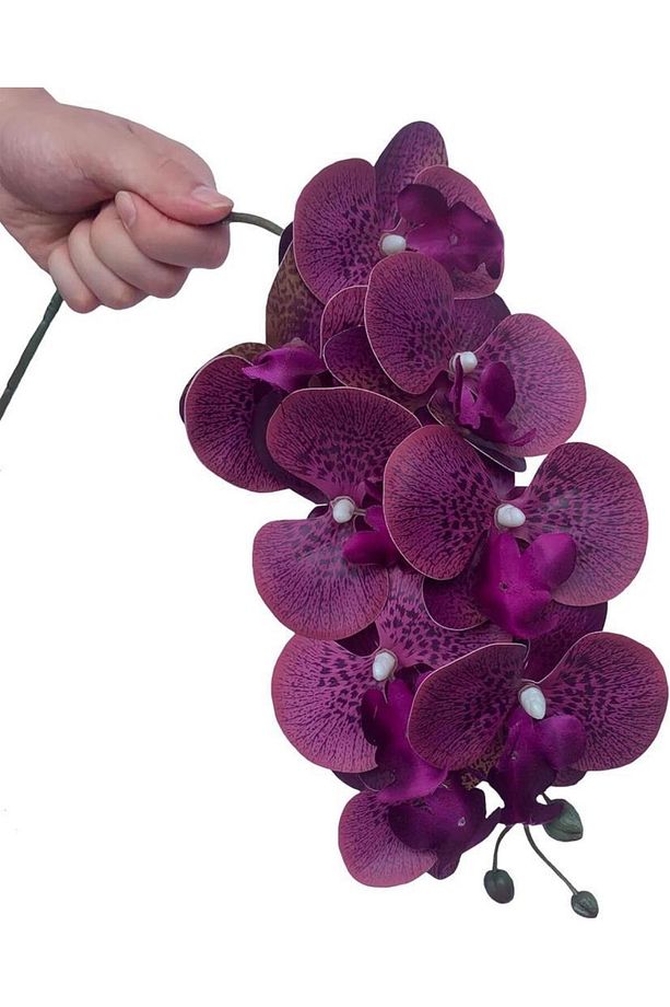 4lü Set Yapay Çiçek Koyu Mor Islak Orkide ve 2 Adet Orkide Yaprağı Gerçeksi Doku Uzun Dal 90cm - 2