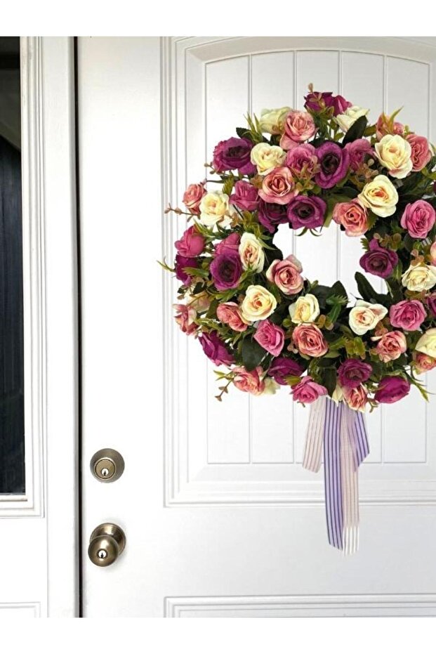 Yapay Çiçek Kapı Süsü Pastel Mor Pembe Yabangüllü Yılbaşı Kapı Çelengi - 4