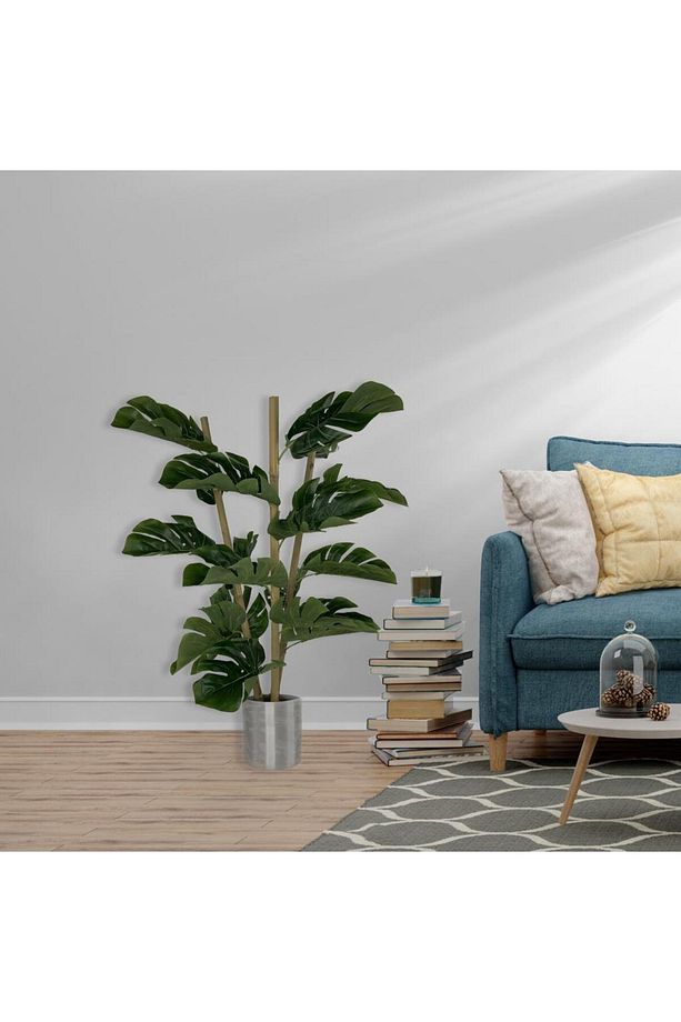 Yapay Çiçek Monstera Bambu Saplı Deve Tabanı Gümüş Saksılı Salon Çiçeği 18 Yaprak 80 Cm - 2