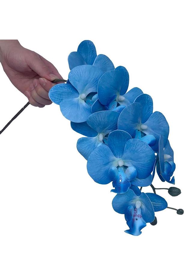 4lü Set Yapay Çiçek Mavi Islak Orkide ve 2 Adet Orkide Yaprağı Gerçeksi Doku Uzun Dal 90cm - 3