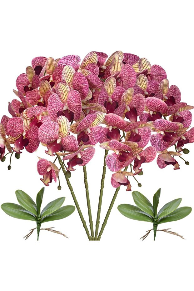 4lü Set Yapay Çiçek Fuşya Çilli Islak Orkide ve 2 Adet Orkide Yaprağı Gerçeksi Doku Uzun Dal 90cm - 1