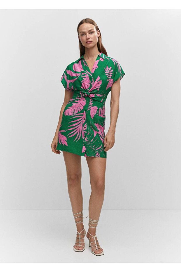 Tropikal Gömlek Yakalı Elbise - 2
