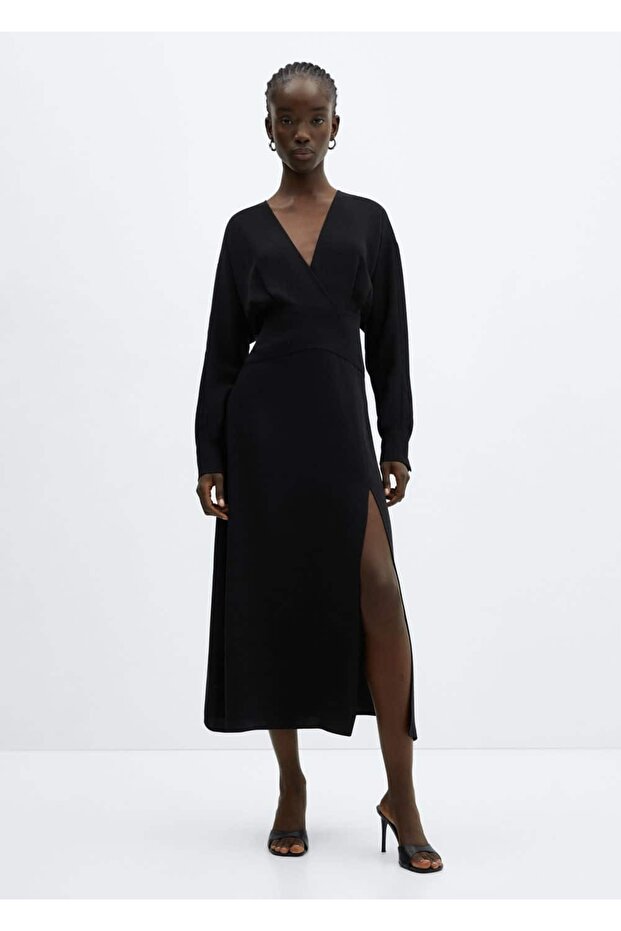 Yırtmaçlı çapraz dekolteli elbise - 2