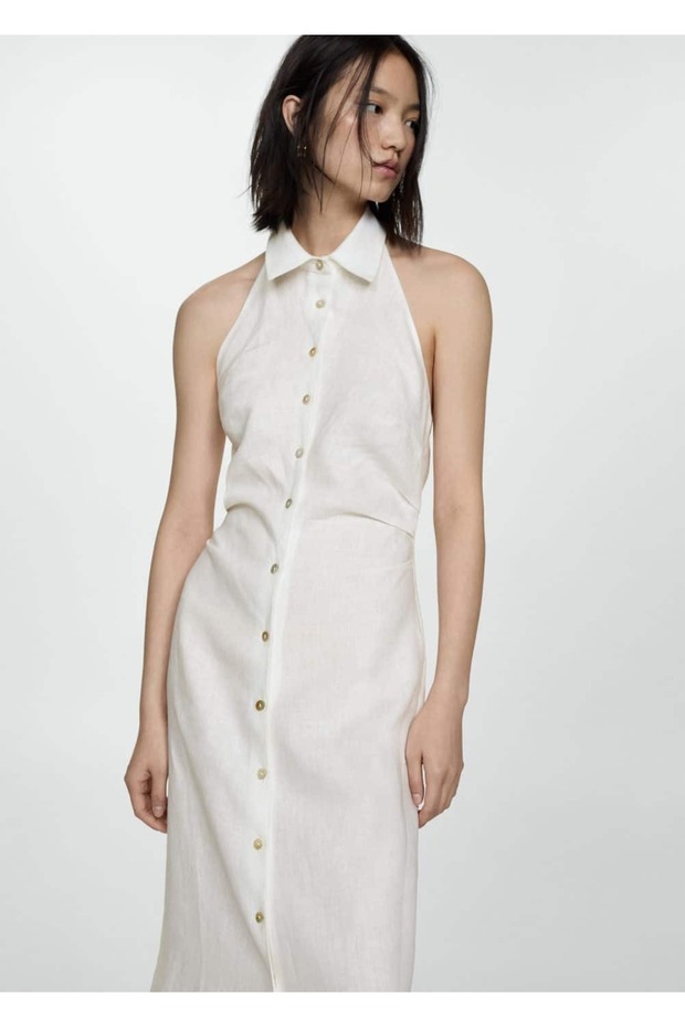 Gömlek yaka keten elbise - 1