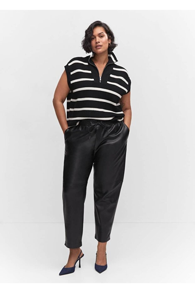 Deri görünümlü beli elastik pantolon - 7