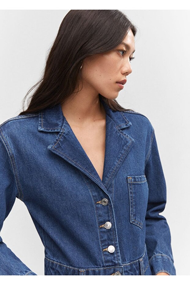 Yakalı Denim Tulum - 7