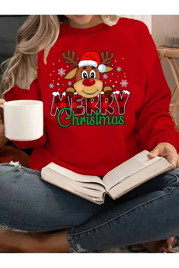 New Year Merry Christmas Deer Printed Crew Neck Oversize Black Gray White Sweatshirt
