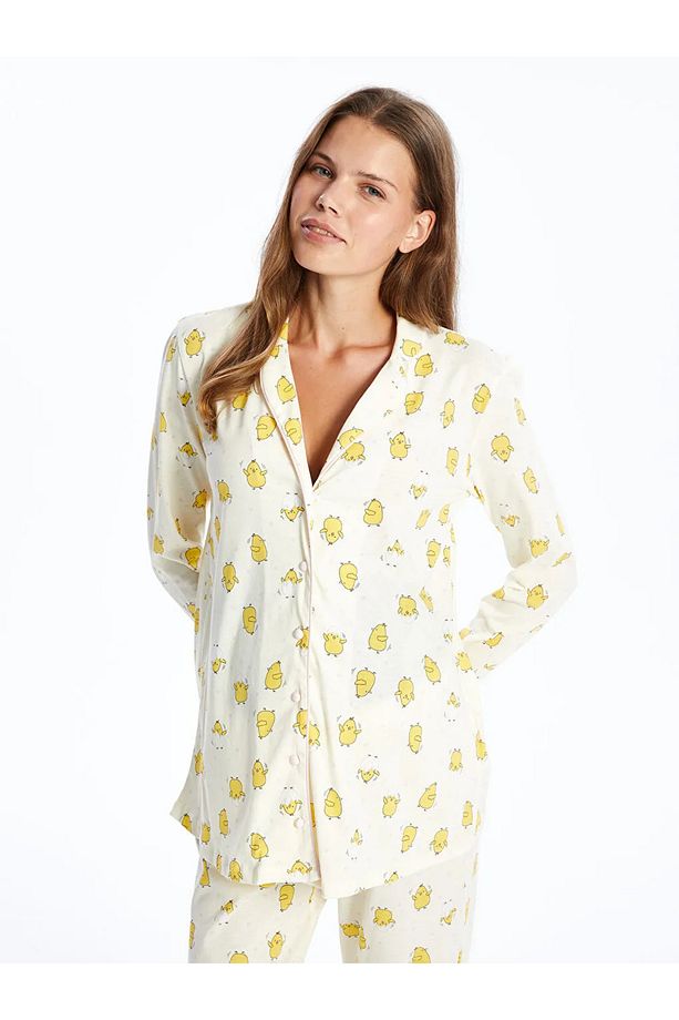 LCW DREAM Ekru Gömlek Yaka Desenli Hamile Pijama Takımı - 2