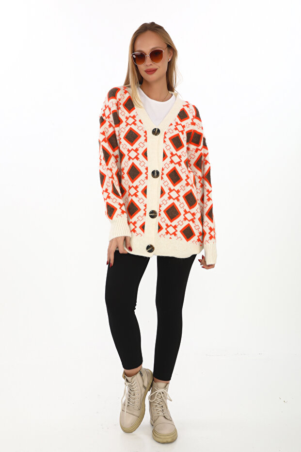 Square Pattern Knitted Detailed Button Knitted Cardigan - 5