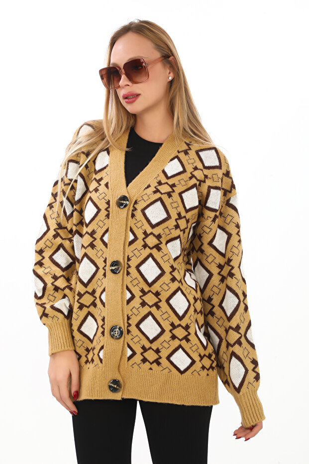 Square Pattern Knitted Detailed Button Knitted Cardigan - 1