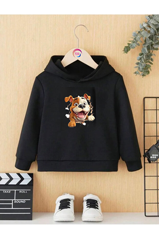 Cotton Special Design Dog Printed Black Hooded Children's Sweatshirt