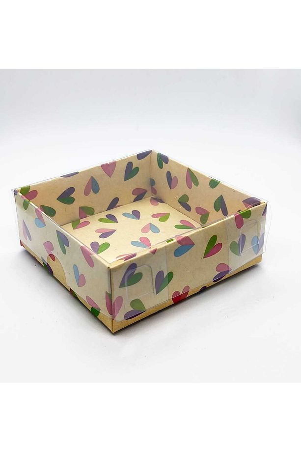 7x7x3 Asetat Kapaklı Kalp Desenli Kraft Kutu 100 Adet - 1