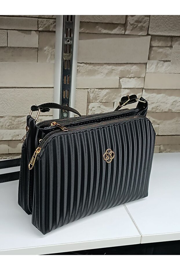 Black Striped Patterned Three-Compartment Vegan Leather Adjustable Shoulder Crossbody Strap Quality Bag