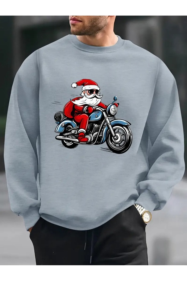 Christmas New Year Santa Claus Printed Crew Neck Oversize Black Gray Sweatshirt