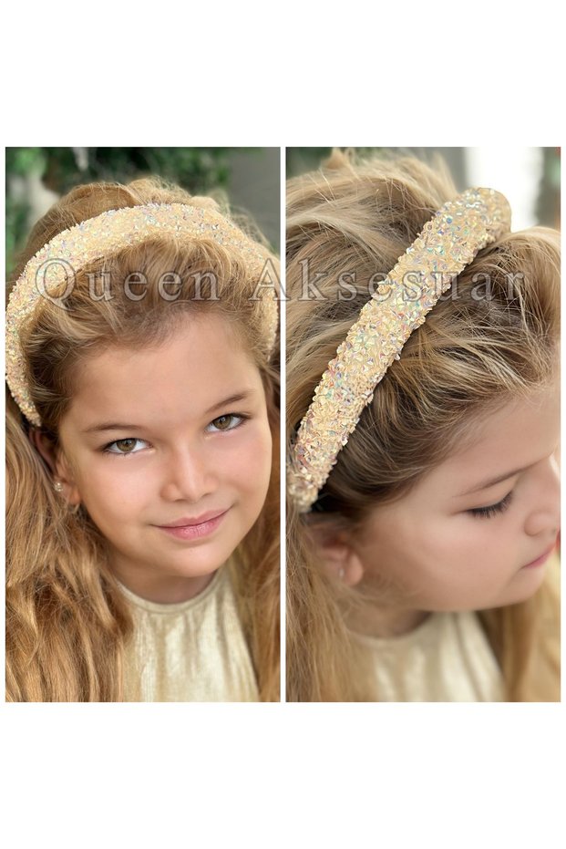 Luxury Shiny Sequin Glitter Fancy Crown for Women and Children, Cream Yellow Color with Convex Sponge