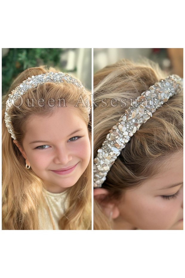 Luxury Mother-Of-Pearl Stone Fancy Crown for Women and Children, Special Occasion Crown, Cream Beige Color with a Convex Sponge Finish
