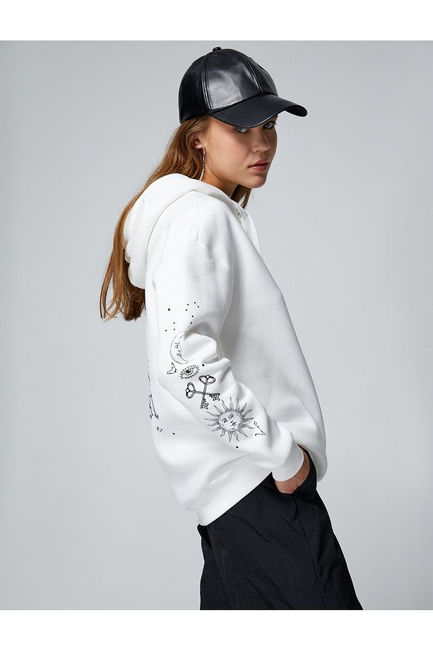 Şardonlu Oversize Sweatshirt Kapüşonlu Baskılı Uzun Kollu - 1