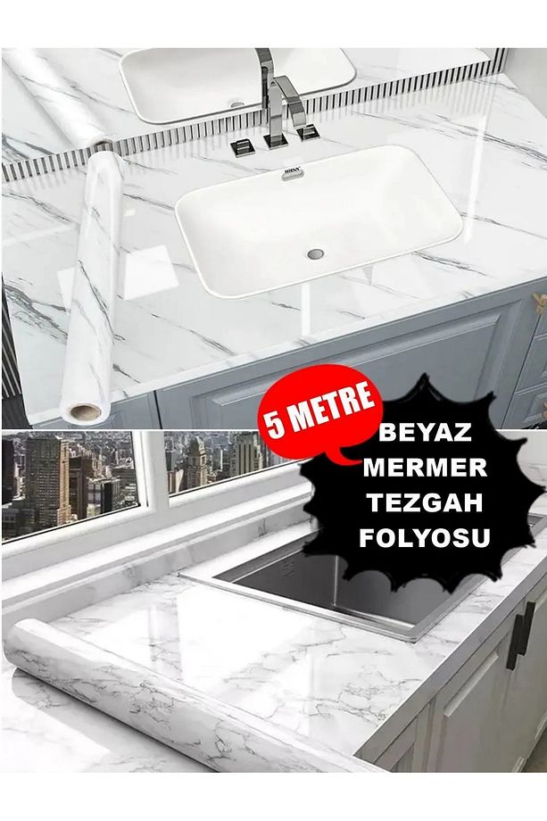 Suya Dayanıklı Mermer Desenli 5mt X 60cm Mutfak Tezgah Dolap Lavabo Yapışkanlı Folyo Kaplama Kağıdı - 1