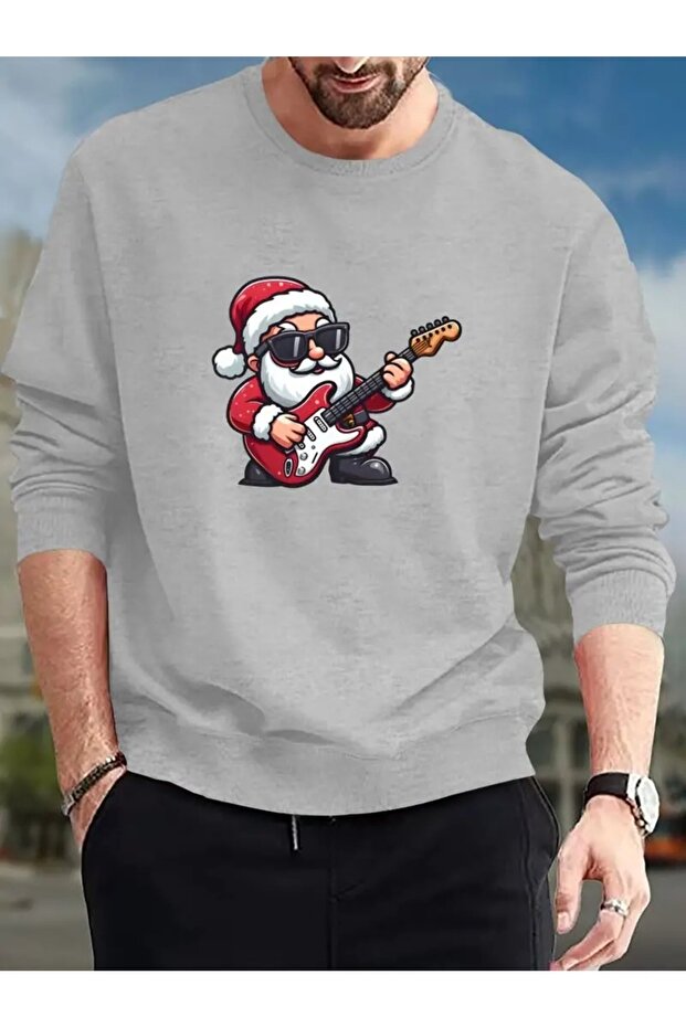 Christmas New Year Santa Claus Printed Crew Neck Oversize Black Gray Sweatshirt