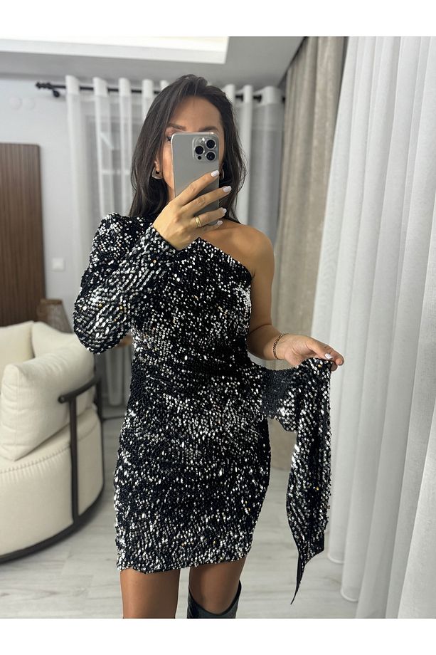 Gümüş Payetli Tek Omuz Elbise - 3