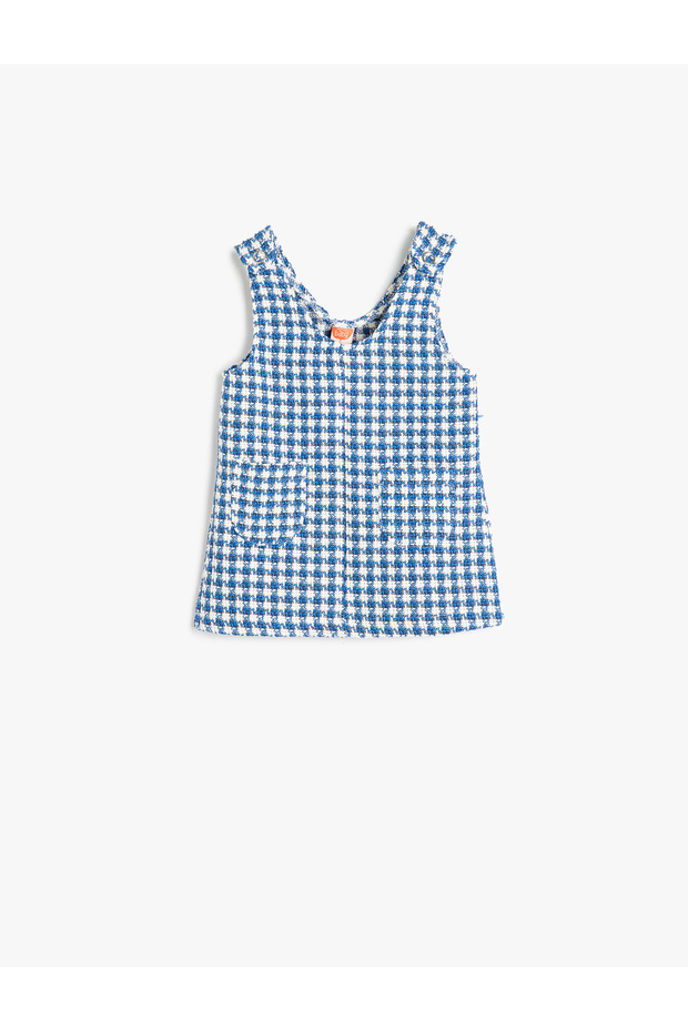 Midi Length Tweed Dress with Pockets Cotton Blend Sleeveless V Neck