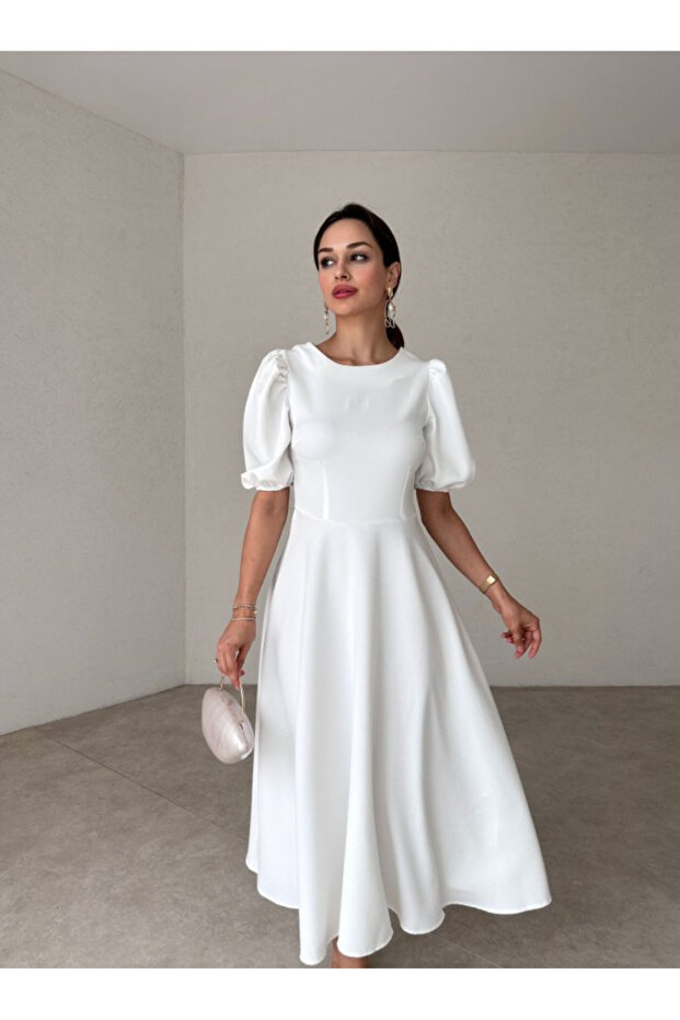 White Crew Neck Balloon Sleeve Flared Midi Length Premium Dress