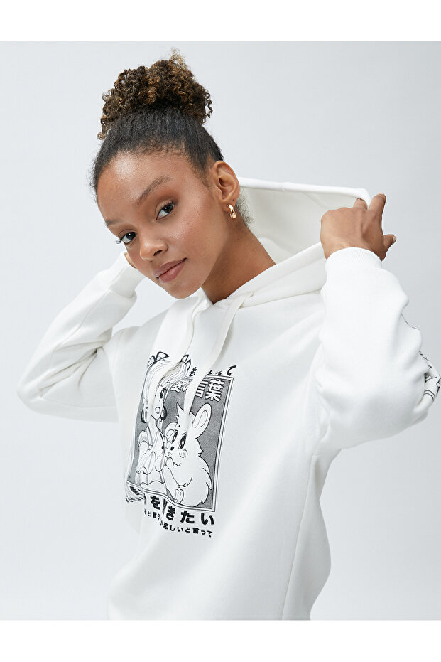 Anime Print Oversize Hooded Long Sleeve Sweatshirt