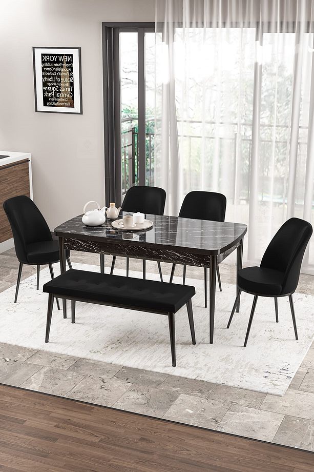 Zen Serisi 80x132 Mdf Açılabilir Siyah Mermer Desen Masa Takımı 4 Siyah Sandalye Ve 1 Bench - 1