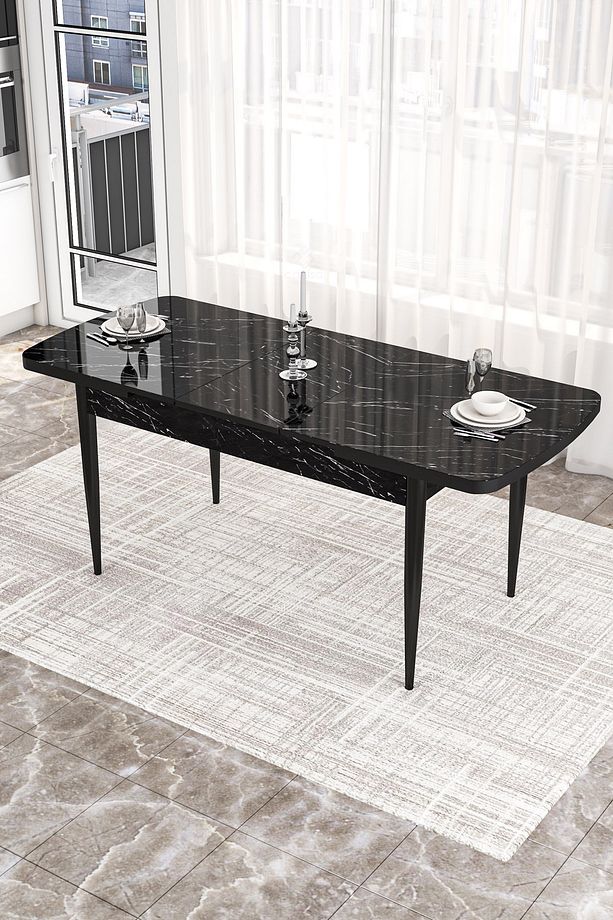 Zen Serisi 80x132 Mdf Açılabilir Siyah Mermer Desen Masa Takımı 4 Siyah Sandalye Ve 1 Bench - 4