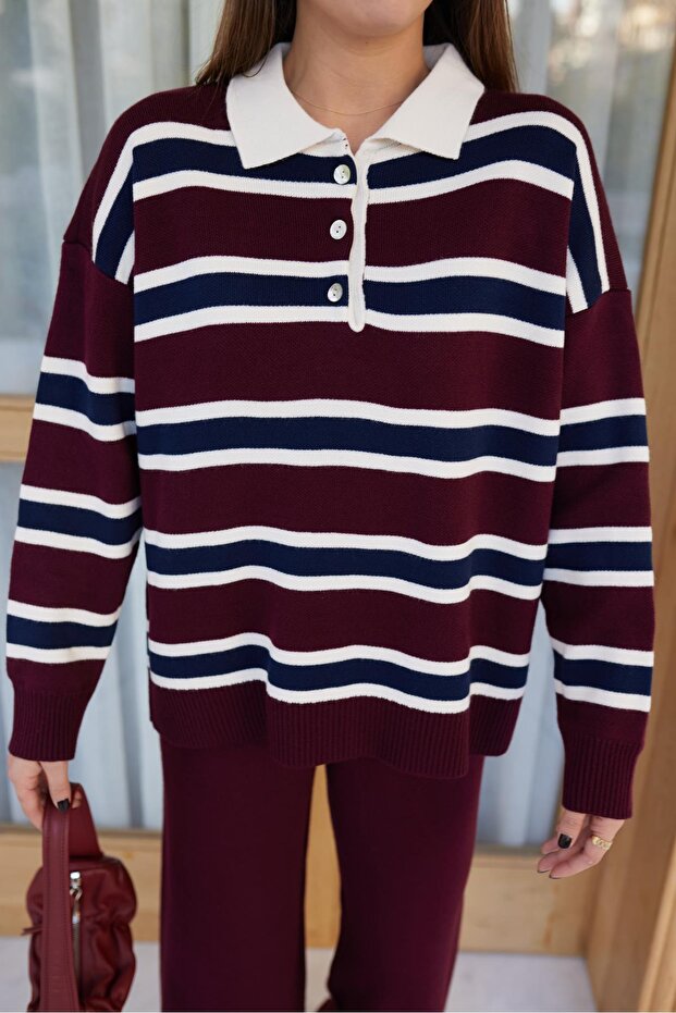 Burgundy Polo Neck Striped Knitwear Sweater