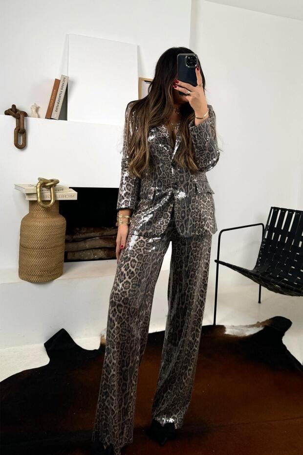 Black Leopard Sequined Trousers