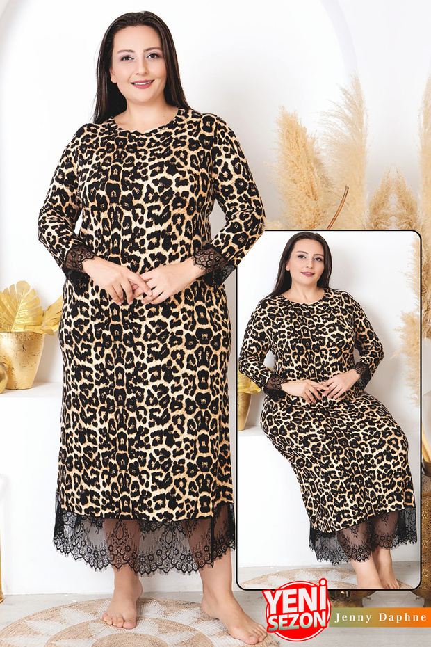 Plus Size Viscose Fabric Mother Size Dress Lace Leopard Print Nightgown Dress Oversize Size 7284