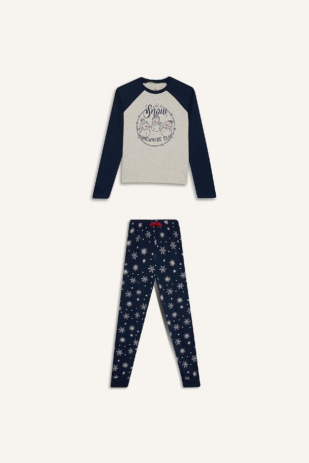 Kız Çocuk Yılbaşı Temalı Pijama Takımı Bisiklet Yaka Uzun Kollu Üst Uzun Alt D8797A824AU - 3